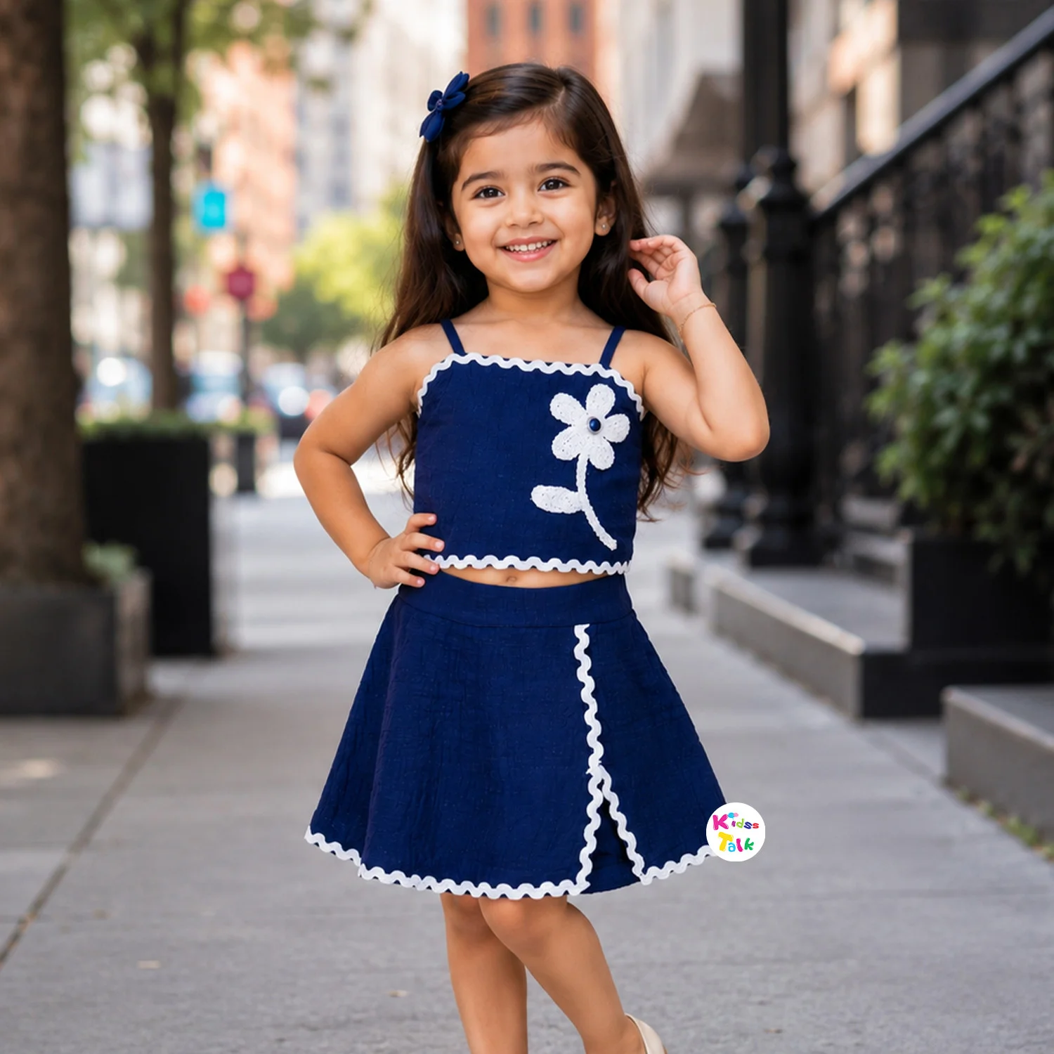 Cotton Sleeveless Top With Flower Applique & Shorts - Navy Blue